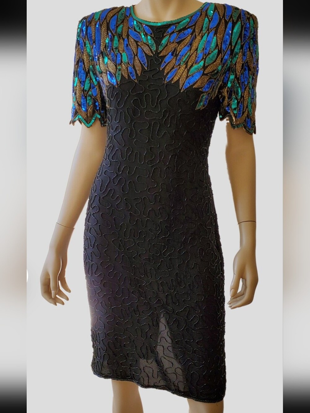 Vintage Laurence Kazar Black Gatzby Silk Cocktail Dress / Peacock Color Beading